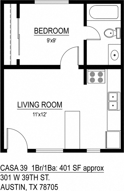 Floor plan for 1 bed, 1 bath, 401 sqft